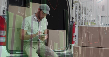 Poster - Image of statistics and data processing over delivery man with clipboard in van
