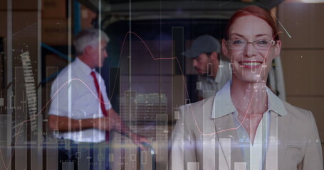 Poster - Statistical data processing against portrait of caucasian female supervisor with clipboard smiling
