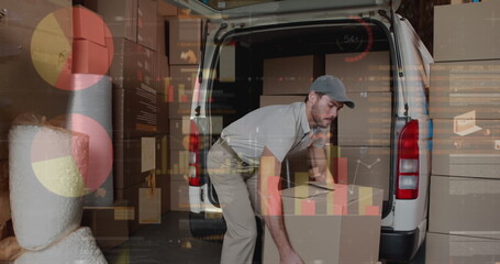Poster - Statistical data processing against caucasian male delivery man stacking boxes in his delivery van