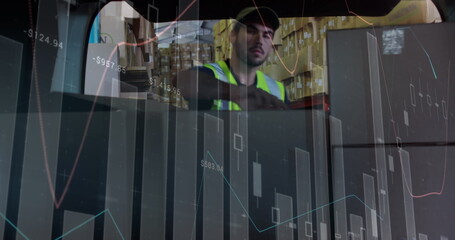 Poster - Image of statistics and financial data processing over delivery man