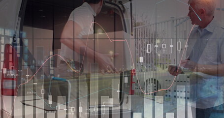 Poster - Image of statistics and financial data processing over delivery man