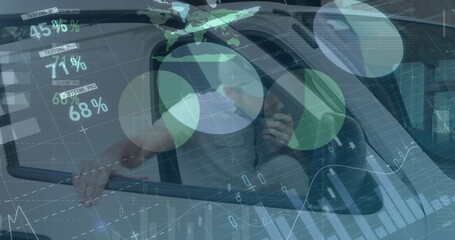 Poster - Image of statistics and financial data processing over delivery man