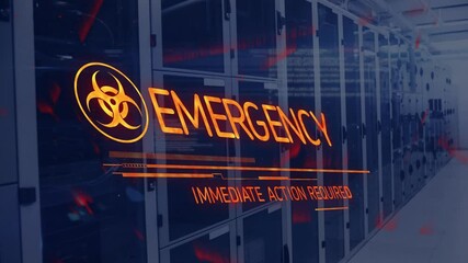 Poster - Biohazard symbol animation alerting in server room, indicating emergency situation