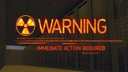 Poster - Animation with warning text and radiation symbol over server room background