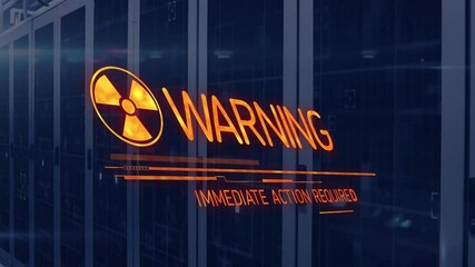 Poster - Warning message with urgent action needed in server room with digital animation