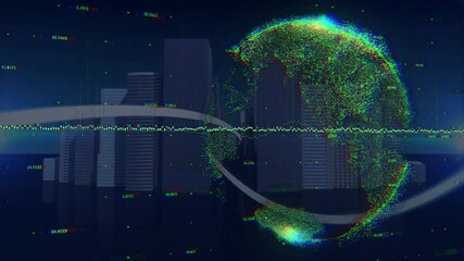 Poster - Digital globe and data points animation over futuristic cityscape background