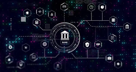 Poster - Animation of bank icon with digital network and financial technology symbols