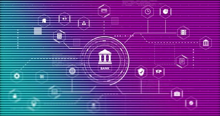 Poster - Animation of bank icon with digital network symbols on purple background