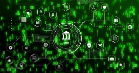 Poster - Digital banking icons and data processing animation overlaying green binary code