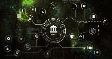 Poster - Animation of banking and finance icons connecting over digital network background