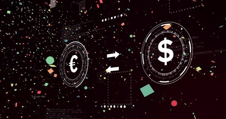 Poster - Euro to dollar currency exchange animation with colorful confetti on dark background