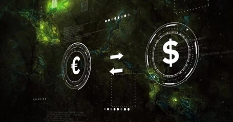 Poster - Currency exchange symbols animation over abstract green and black background