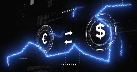 Poster - Euro and dollar symbols with electric energy and data processing animation