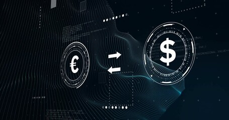 Poster - animation of euro to dollar exchange on digital wave in finance concept