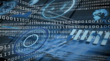 Poster - Animation of binary code with digital world map on blue tech background