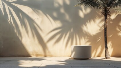 Poster - shadows of palm trees cast on a warm wall near a minimalistic white planter in an outdoor setting