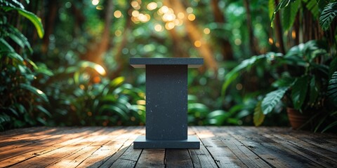 Poster - Wooden platform in a lush forest setting with soft sunlight filtering through trees, showcasing natural beauty and tranquility