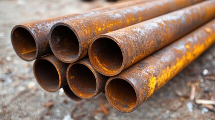 Poster - Stack of Rusted Metal Pipes Displaying Industrial Decay and Weathering with Close Up Perspective and Textured Surface
