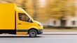 © Leo Rohmann - Bright yellow truck driving on countryside road in motion with blurred trees in background showcasing rural cargo delivery mobility and transportation efficiency