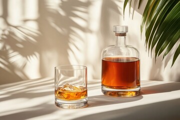 Poster - Elegant whiskey presentation with tropical leaf shadow and glass bottle on white table surface in soft light