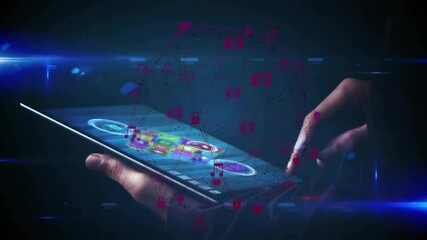 Poster - Interacting with tablet, hands exploring digital network animation in school setting