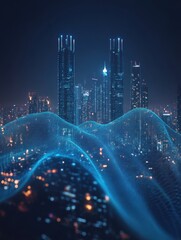 Poster - Futuristic city skyline with digital wave overlay evoking innovation technology and urban development at twilight creating a serene and modern atmosphere