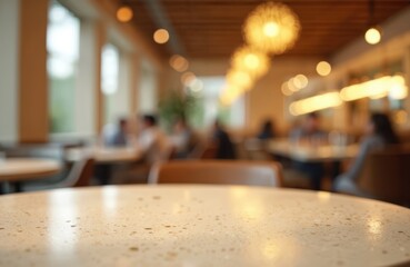 Aufkleber - Empty table top with blurred restaurant background. Suitable for product placement display advertising. Warm soft interior, natural light. Copy space, empty space for design. Cafe business interior.
