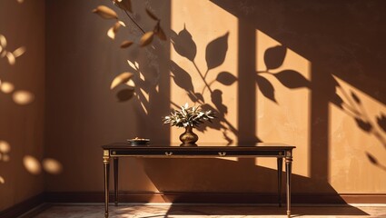 Poster - elegant interior design featuring a wooden table with a decorative vase and soft shadows from leaves