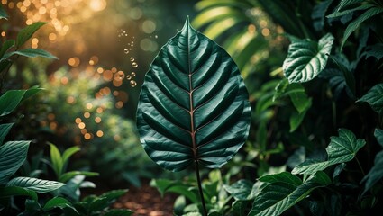 Poster - Close-up of a large green leaf surrounded by lush vegetation in a sunlit forest