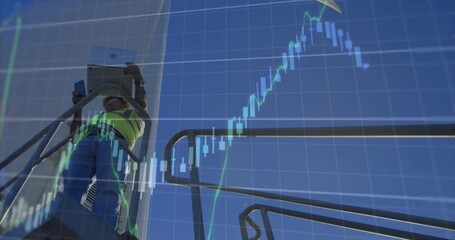 Poster - Construction worker on scaffolding, animation of financial graph overlaying scene