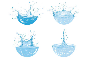 Poster - Water splashes in various forms, dynamic shapes, and textures. Four distinct water splash images showcasing different splash patterns and bubbles., isolated on transparent background, png
