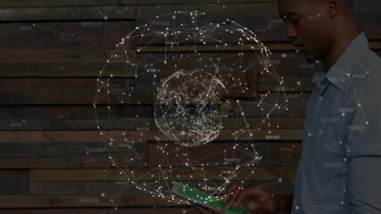 Poster - Interacting with digital globe, man viewing animation of network connections
