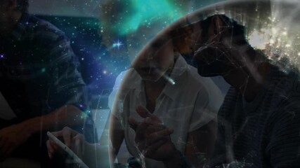 Poster - People collaborating in office with galaxy and network connections animation overlay