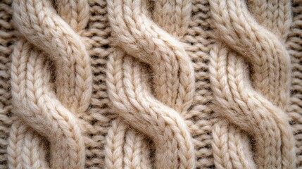 Poster - Captivating Close Up of Cream Colored Cable Knit Wool Fabric Texture with Intricate Braided Pattern and Soft Warmth for Cozy Winter Apparel