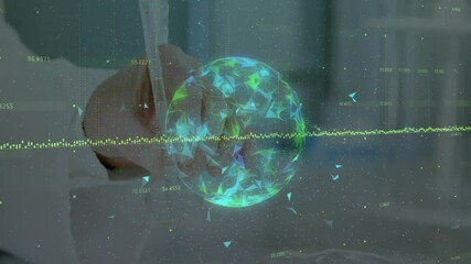 Poster - In laboratory, scientist working with glowing geometric sphere and data animation