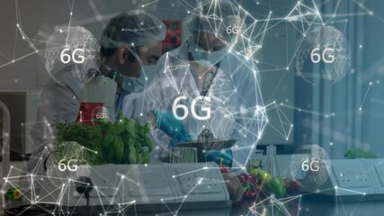 Poster - scientists in lab coats working with 6g network animation overlay
