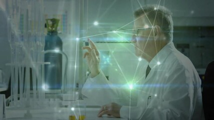 Poster - Interacting with digital network overlay, scientist in lab coat in laboratory