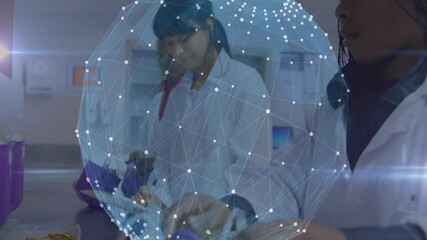 Poster - Scientists working in lab with digital network connections overlay animation