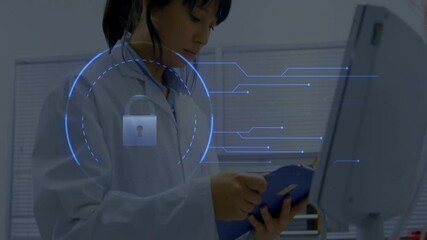 Poster - Reviewing documents, scientist sees digital security lock animation on computer screen