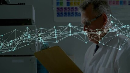 Poster - Scientist analyzing data with network connections animation overlay in laboratory