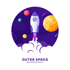 Wall Mural - rocket launch, space futuristic colorful background with planets and stars. cartoon starship, spaces