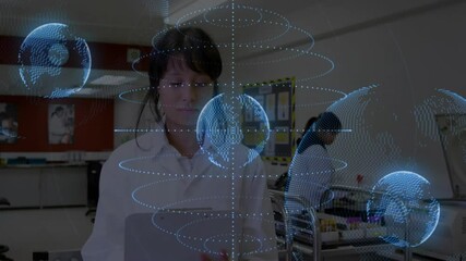 Poster - Scientists working in laboratory with holographic globe animation in background