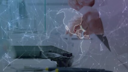 Poster - Digital world map animation over laboratory equipment and scientific environment