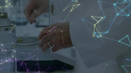 Poster - Hands working in laboratory with digital network connections overlay animation