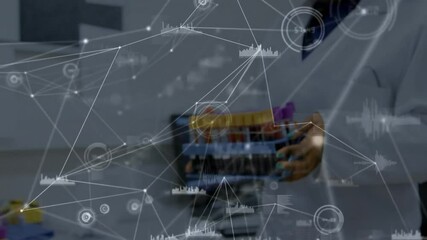 Poster - Holding test tubes, scientist with network connections and data processing animation
