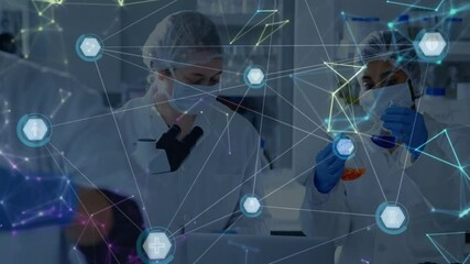 Aufkleber - In lab, scientists working with animation and network connections, analyzing data