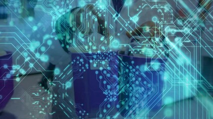 Poster - Animation overlaying digital circuit pattern on people using technology in school
