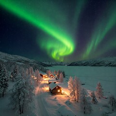 A small village covered in snow, wooden houses with warm lighting, a frozen lake reflecting the northern lights (green and purple aurora), and trees covered in frost. 