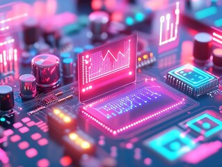 Poster - Futuristic cybernetic circuit board with glowing data visualization screens