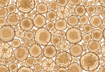 Seamless pattern with round cuts of logs, wooden texture. Tree growth rings, pile of wood, Pine. oak slices. Cut timber hand drawn design